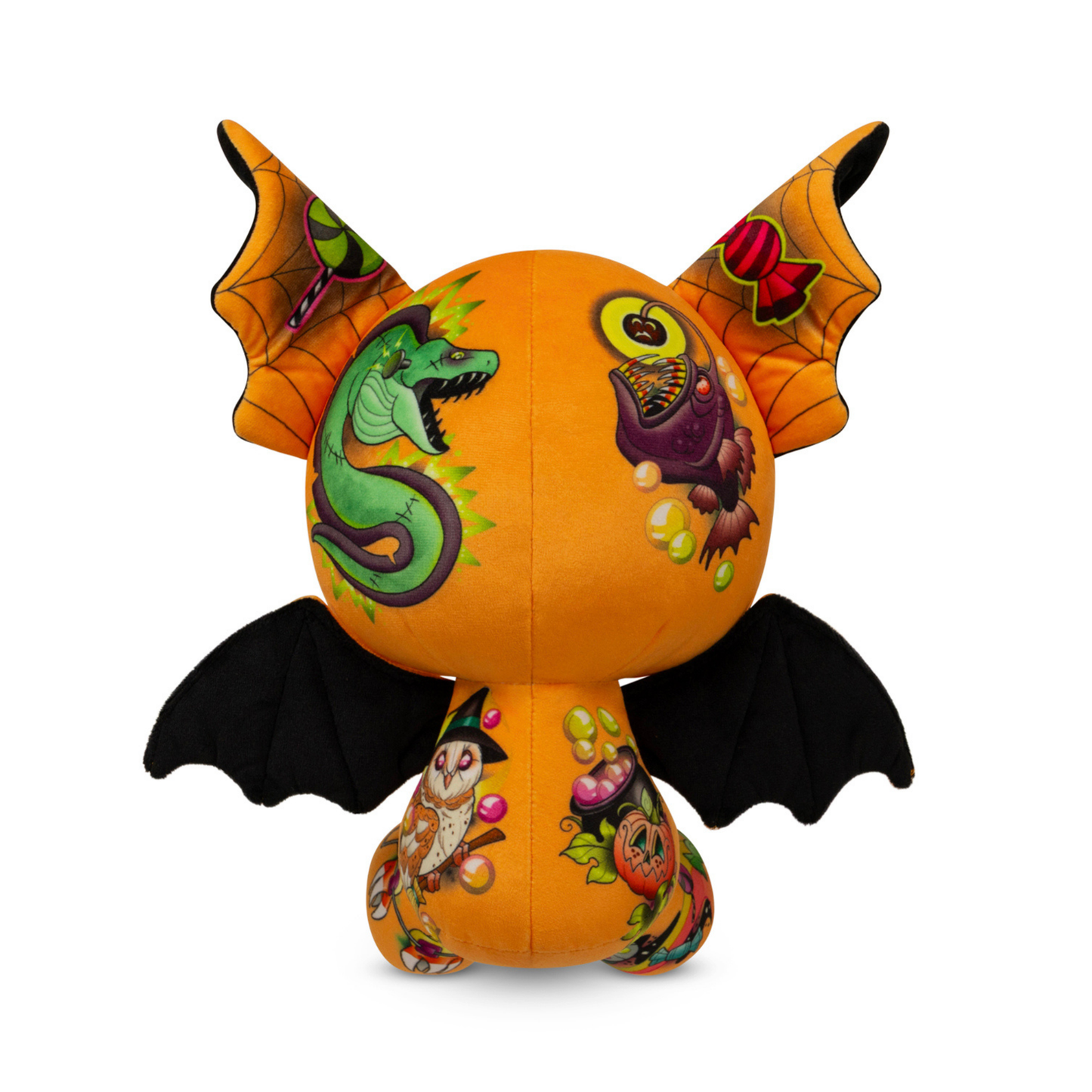 Decorative pumpkin with bat wings and colorful designs on a white background